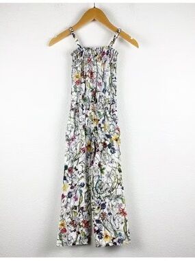 Gucci White Floral Printed Smocked Jumpsuit with Multicolor Blooms